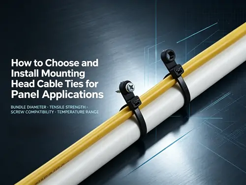 `Mounting head cable ties technical guide cover, nylon screw‑mount cable ties for securing cable bundles to control panel and equipment chassis`
